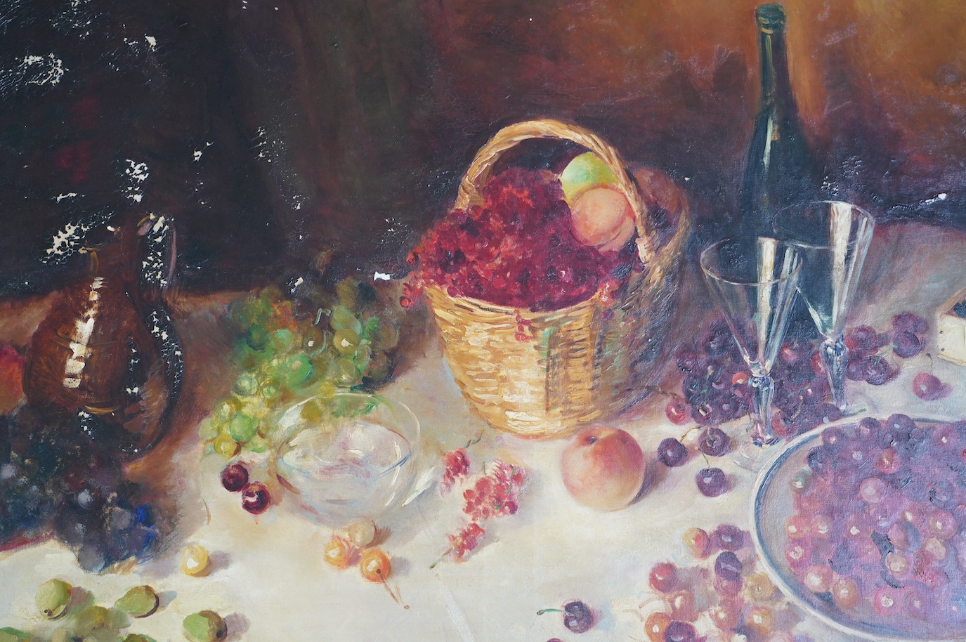 Alfred Théodore Joseph Bastien (Belgian, 1873-1955), Table top still life with wine and cherries, oil on canvas, 90 x 100cm